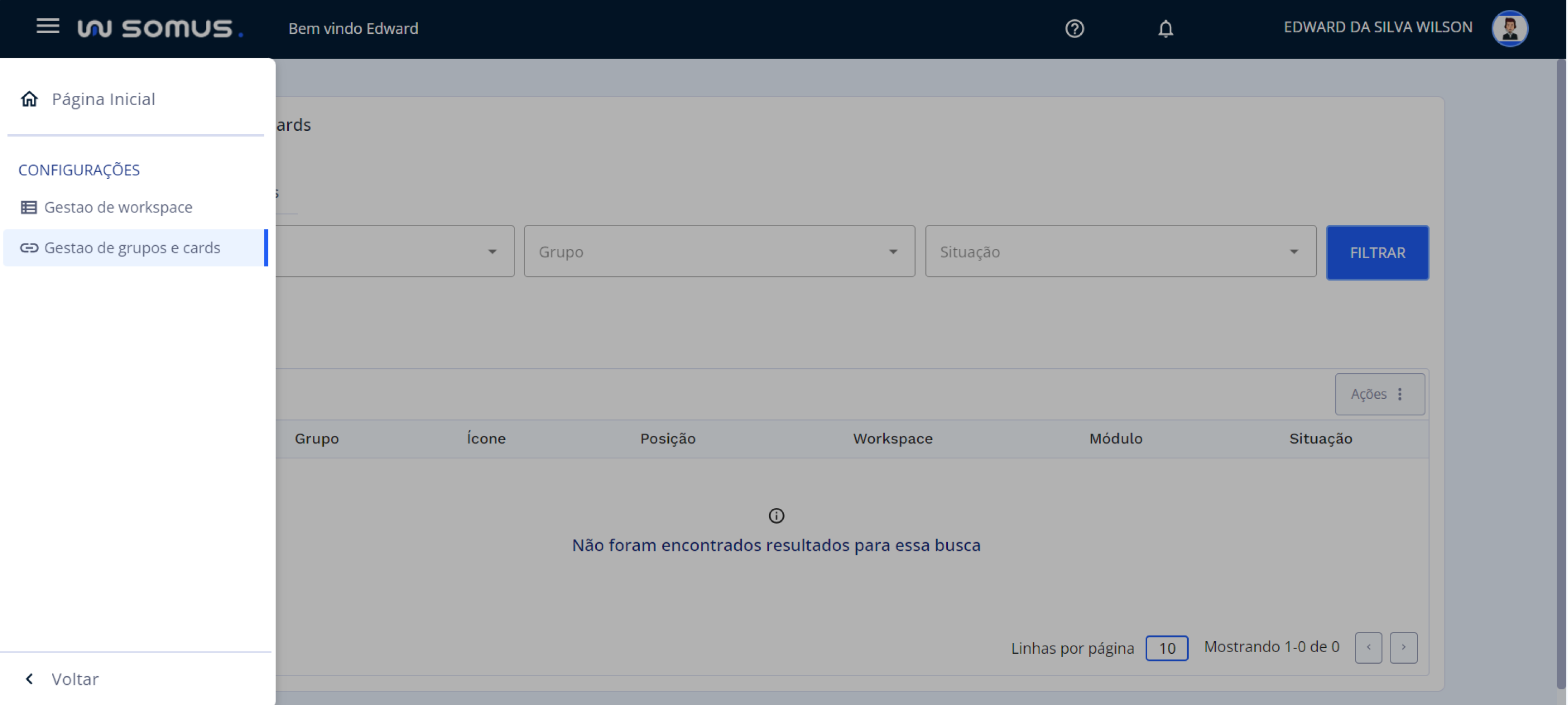 Menu: Gestão de Grupos e Cards