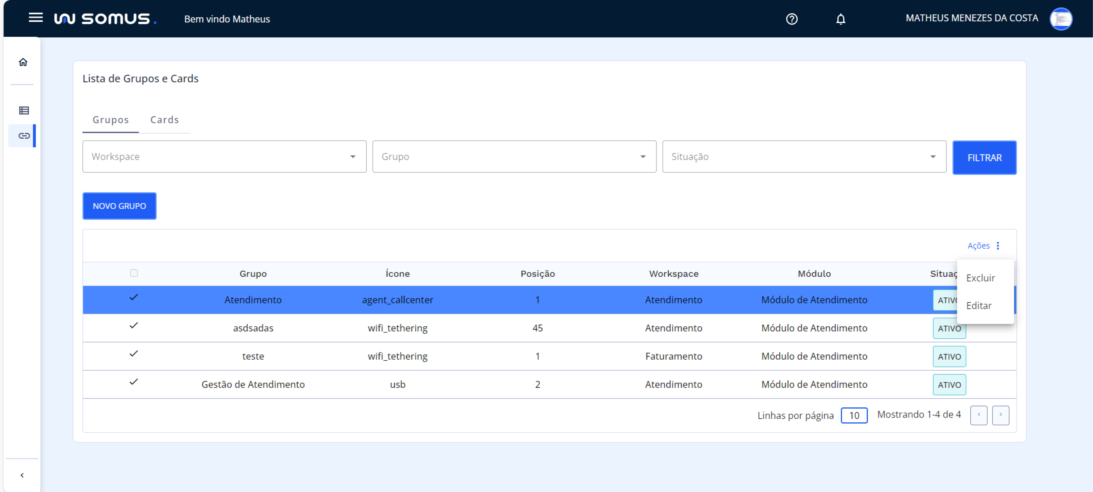 Ações: Editar e Excluir